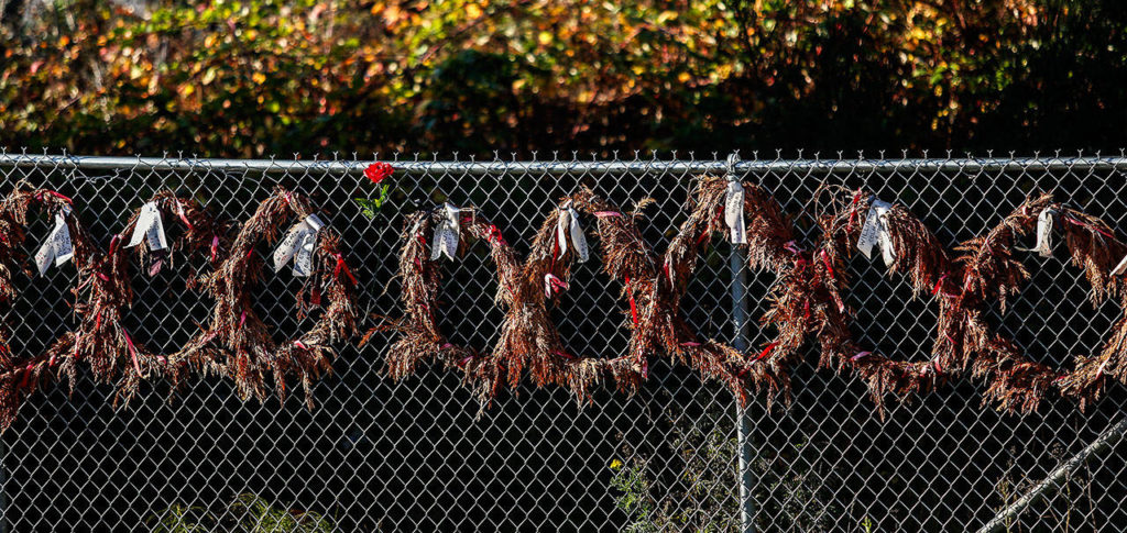 Wreaths placed in memory of the Everett Massacre IWW victims line the fence beneath the trestle at the west end of Hewitt Aveue. (Dan Bates / The Herald)
