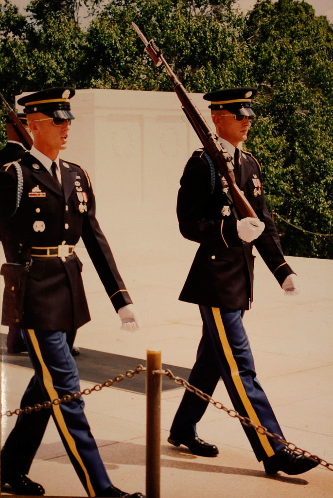 At the Tomb of the Unknown Soldier, Jason Biermann (left) marches with another Tomb Guard, Mark Holmquist. (Dan Bates / The Herald)
