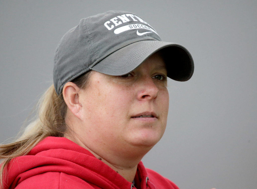 Snohomish High School girls soccer head coach April VanAssche watches the Panthers practice on Friday, Nov. 2, 2018 in Snohomish. (Andy Bronson / The Herald)

