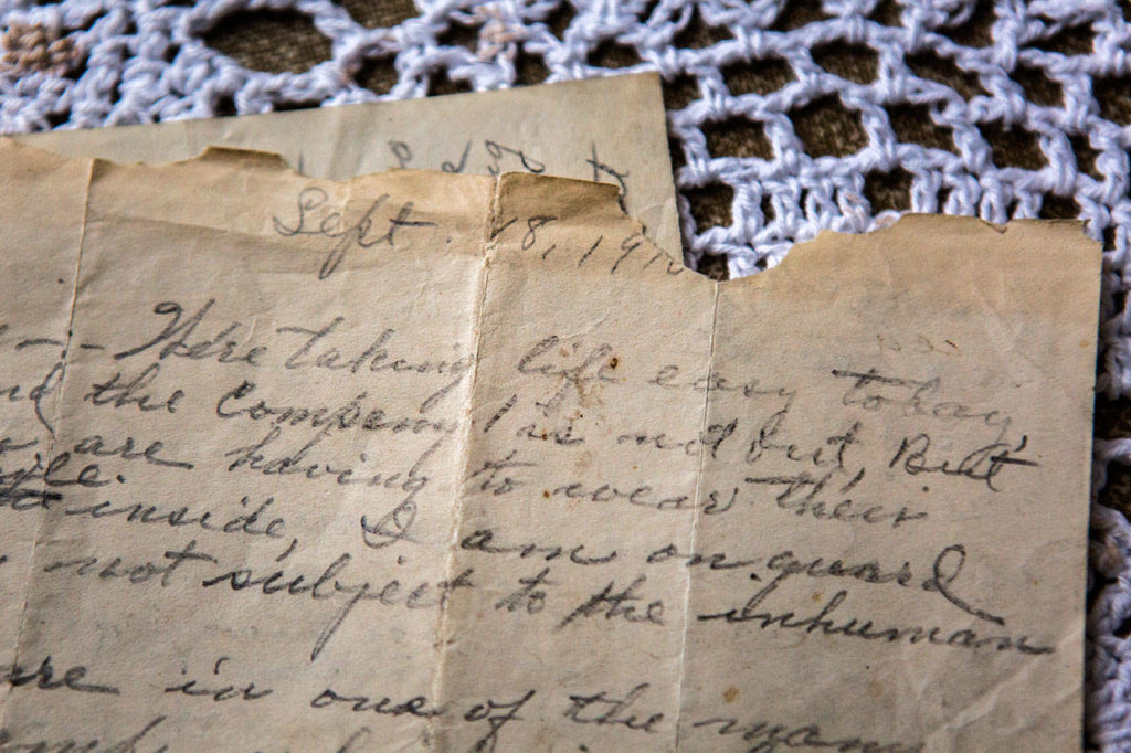 A letter written by William Franklin Noble from near the front lines of World War I a century ago. Elaine Reas keeps the old letters at her home in Lynnwood. (Olivia Vanni / The Herald)
