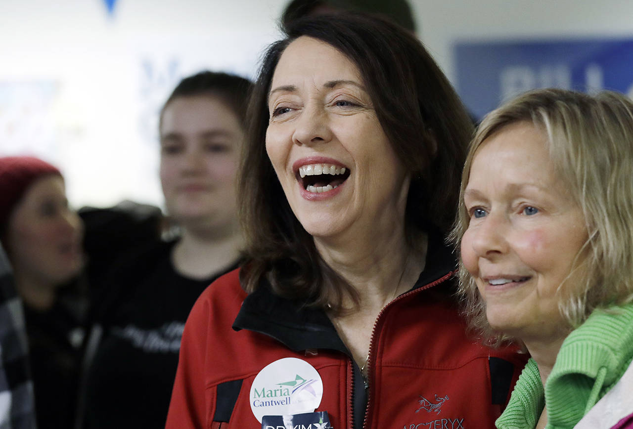 Democratic Sen. Maria Cantwell smiles as she greets supporters during a campaign event on Monday. (AP Photo/Elaine Thompson, file)
