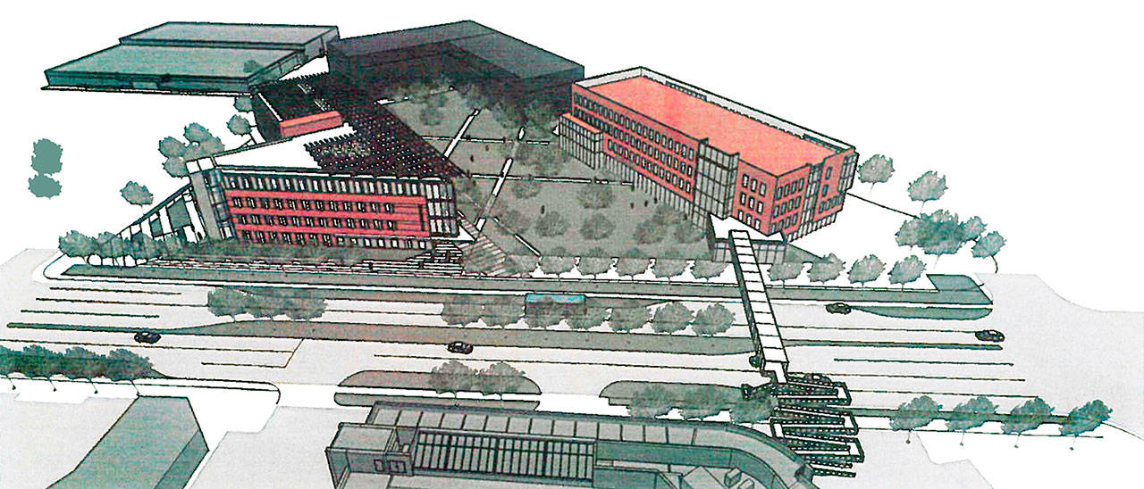 An artist’s rendering of the proposed learning resource center at Everett Community College, with the building on the east side of Broadway and the street spanned by a pedestrian bridge. (Everett Community College)