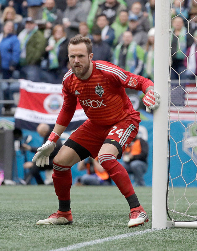 Sounders goalkeeper Stefan Frei stands by the goal during the first half of an MLS match against Los Angeles on March 4, 2018, in Seattle. (AP Photo/Ted S. Warren)