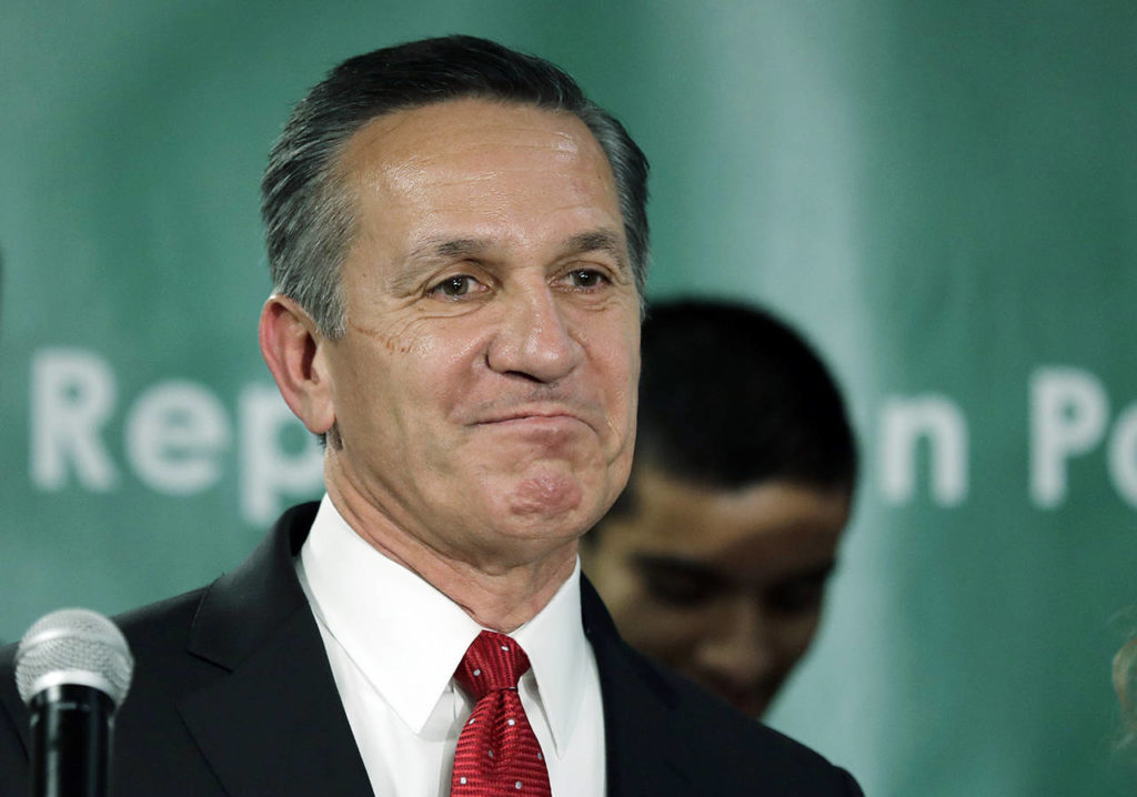 Dino Rossi speaks Tuesday at a Republican election-night gathering in Issaquah. (AP Photo/Ted S. Warren)

