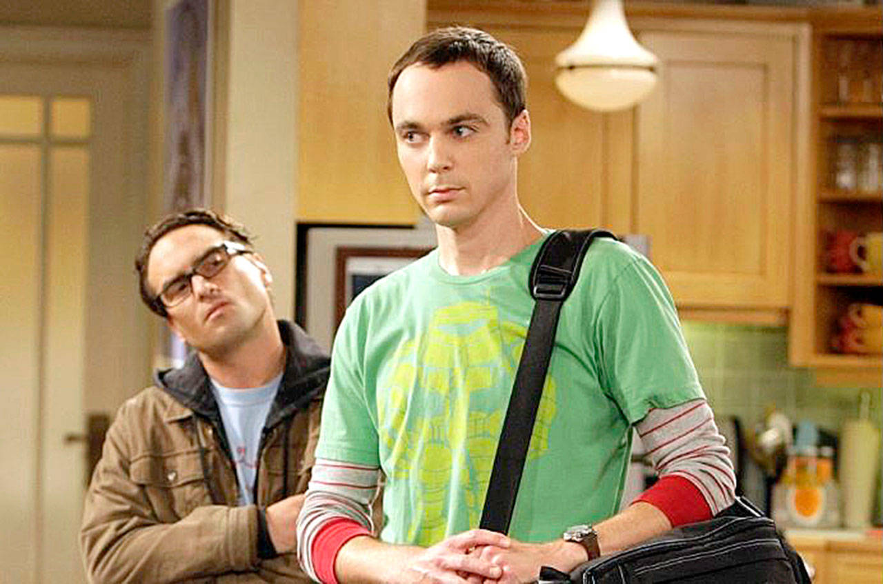 Johnny Galecki, left, who plays Leonard Hofstadter and Jim Parsons, who plays Sheldon Cooper, on an episode of “Big Bang Theory.” (CBS Entertainment)