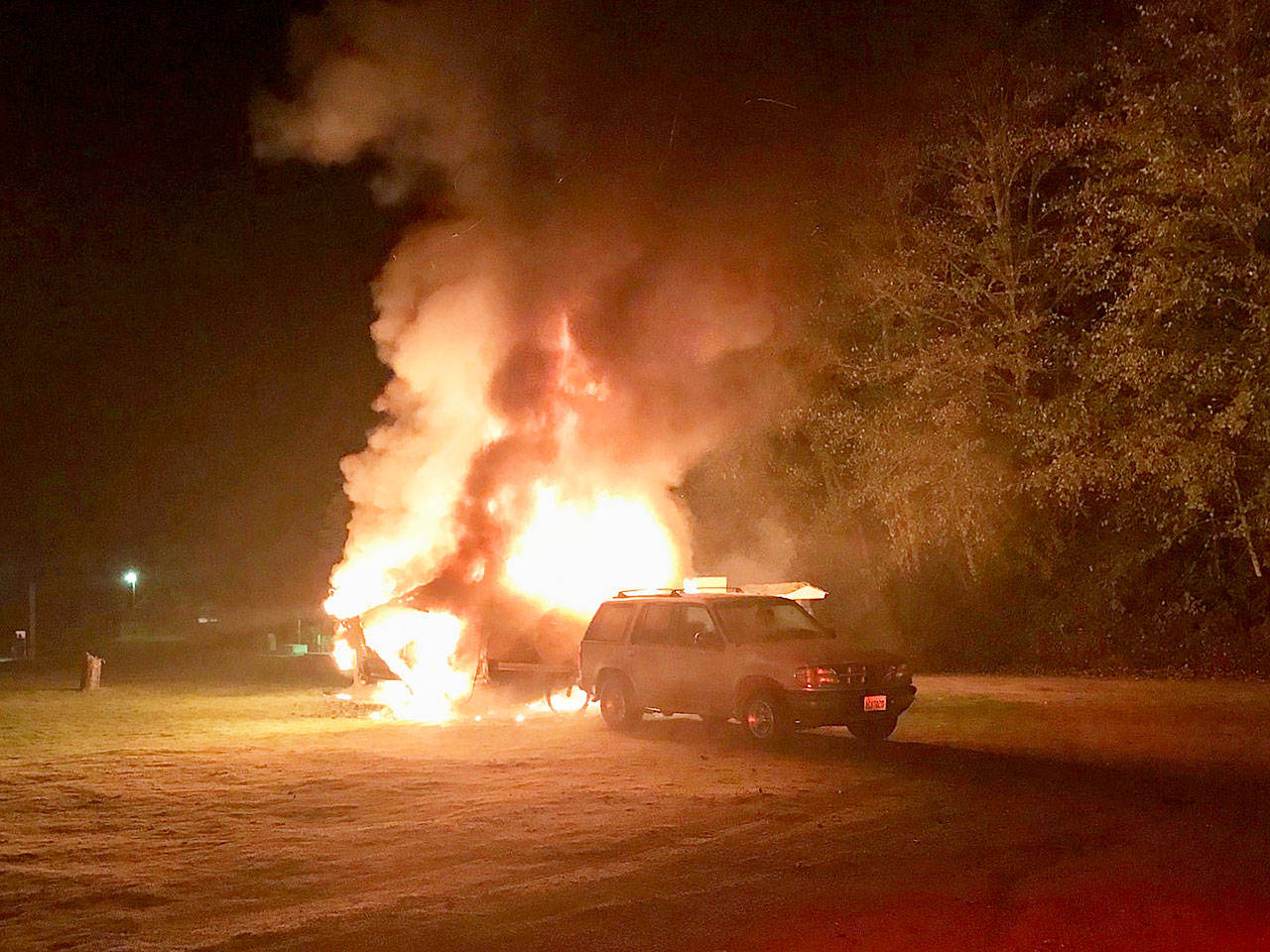 A man was severely injured in an RV fire Thursday morning at Island County Fairgrounds. (South Whidbey Fire/EMS)