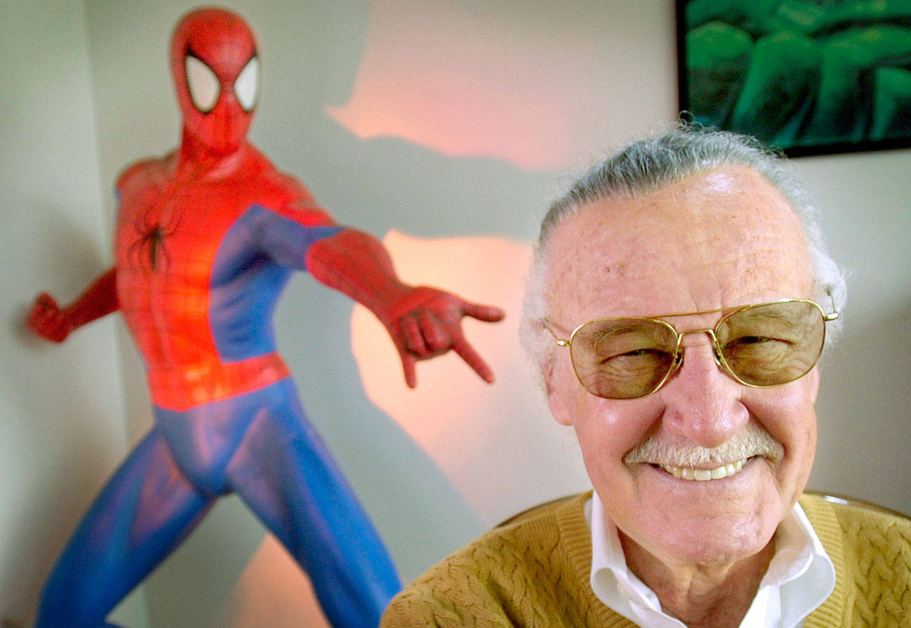 Stan Lee, creator of comic-book franchises such as “Spider-Man,” “The Incredible Hulk” and “X-Men,” in 2002. He died Monday at 95. (AP Photo/Reed Saxon, File)
