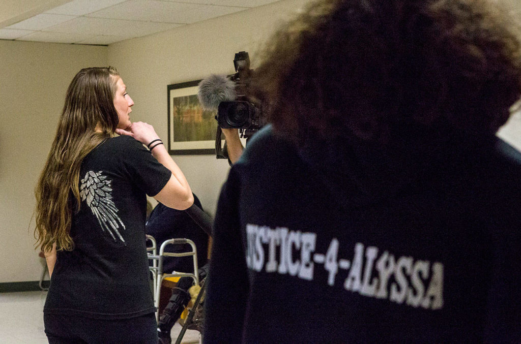 Gina Pierson, the mother of Alyssa Noceda, speaks with a reporter after the sentencing of Brian Varela in Snohomish County Superior Court on Thursday in Everett. (Olivia Vanni / The Herald)
