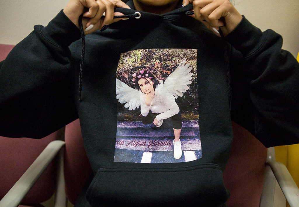 Nevaeh Taylor wears a custom sweatshirt with the words “RIP Alyssa Noceda,” in honor of her deceased friend. A man who watched Noceda overdose and die, Brian Varela, was sentenced in Snohomish County Superior Court on Thursday in Everett. (Olivia Vanni / The Herald)
