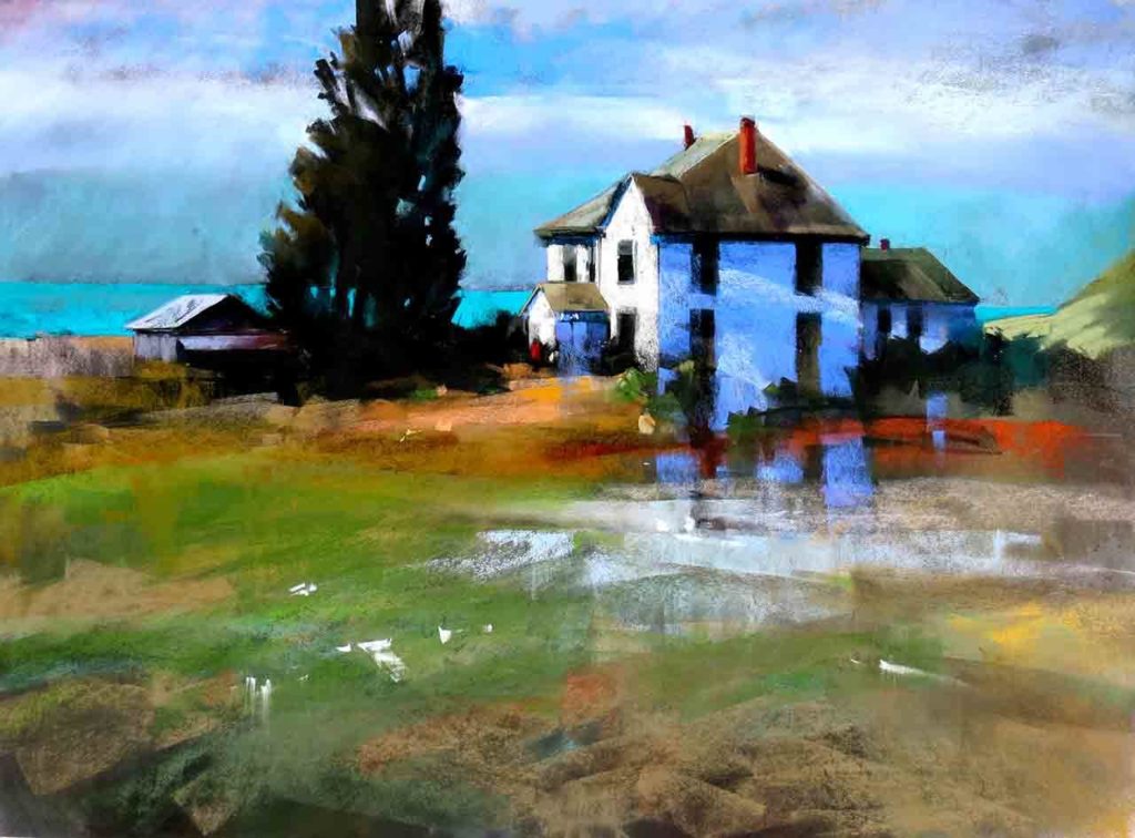 “Valley Homestead” is by Vashon artist Janice Wall, based on a scene from Whidbey Island.

