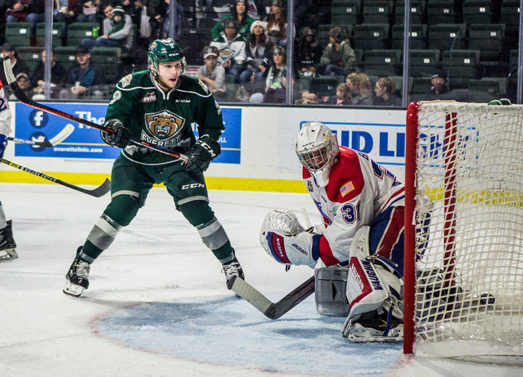 Silvertips’ Dawson Butt scores a goal during the game against the Spokane Chiefs on Sunday in Everett. (Olivia Vanni / The Herald)
