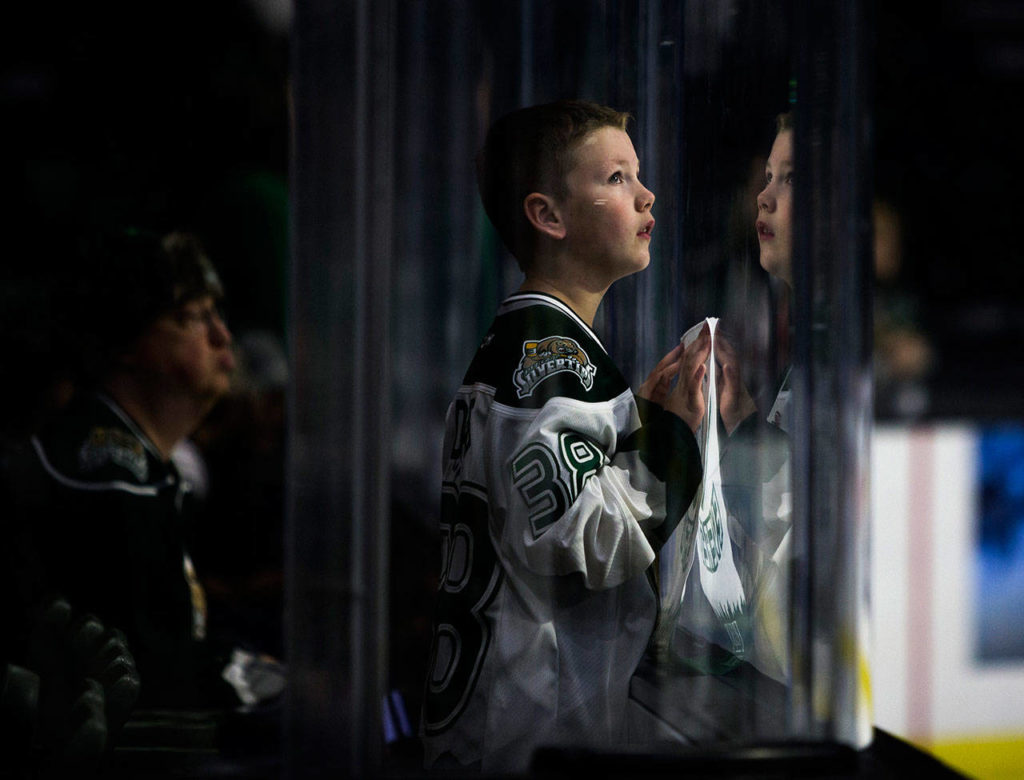 A young Silvertips’ fan looks up at the jumbotron before the Sunday game against the Spokane Chiefs in Everett. (Olivia Vanni / The Herald)
