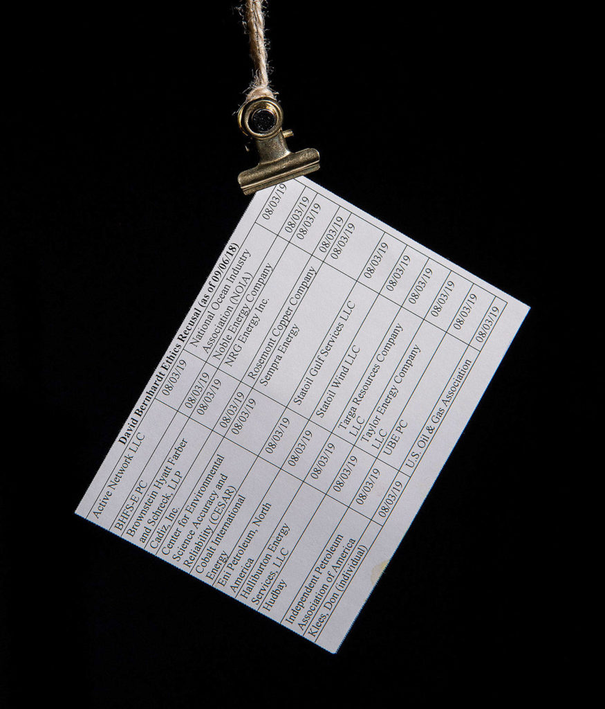 A card listing former clients of Interior Deputy Secretary David Bernhardt, which he carries with him as he performs his job. Bernhardt worked as a lobbyist for a decade before rejoining the department. (Salwan Georges / Washington Post)
