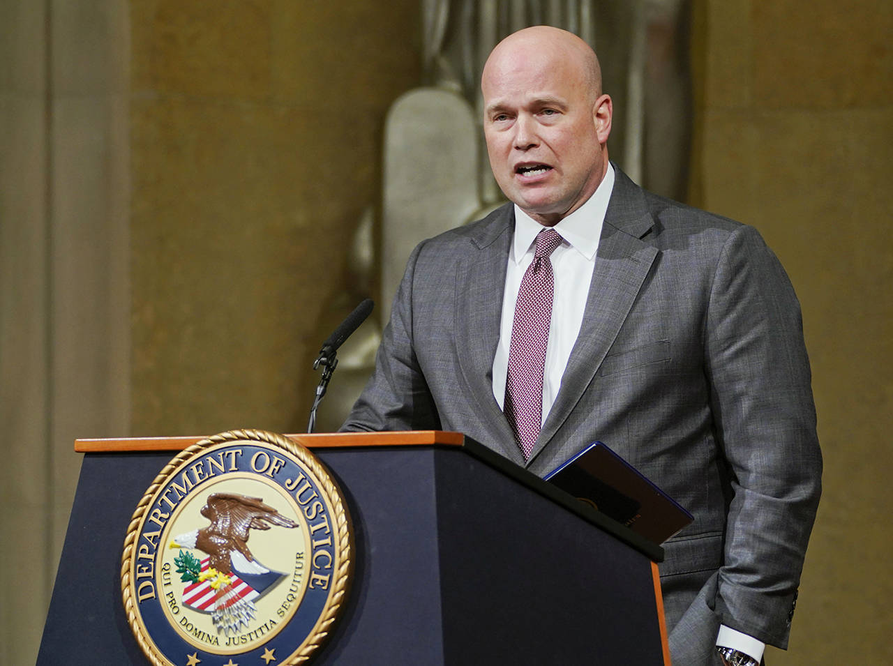 Acting Attorney General Matthew Whitaker speaks at the Department of Justice’s annual Veterans Appreciation Day ceremony Thursday in Washington. (AP Photo/Pablo Martinez Monsivais)