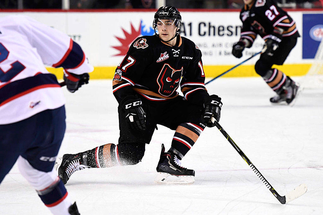 Everett native Hunter Campbell plays for the Calgary Hitmen during a game against the Regina Pats in Dec. 2017 in Calgary, Alberta, Canada. Campbell will play his first game as a WHL player in his hometown Tuesday night when the Silvertips host the Hitmen.(Candice Ward / Calgary Hitmen photo)