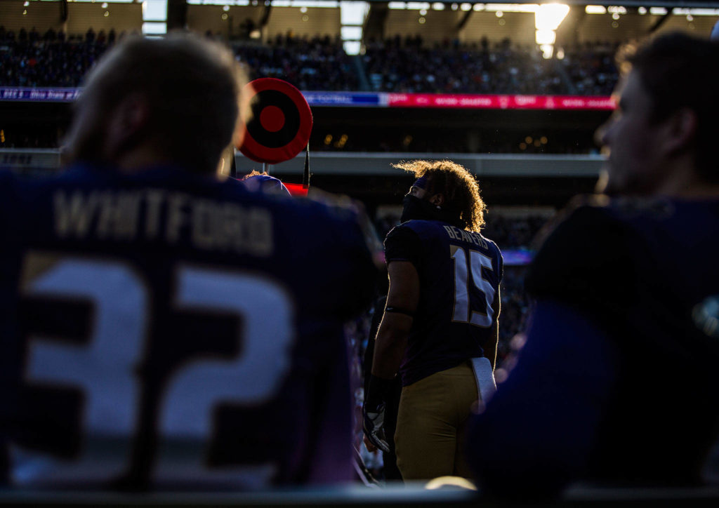 Washington’s DJ Beavers looks up at the score during the game against Oregon State on Saturday, Nov. 17, 2018 in Seattle, Wa. (Olivia Vanni / The Herald)
