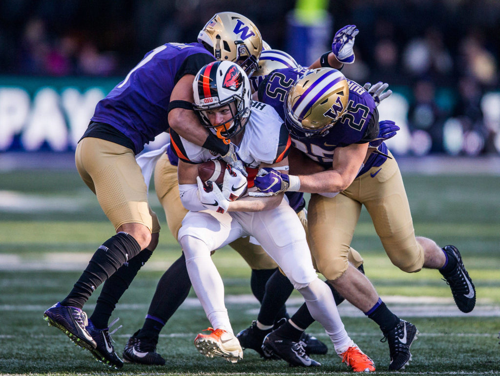 Oregon State’s Timmy Hernandez is tackled by three Washington players during the game against Oregon State on Saturday, Nov. 17, 2018 in Seattle, Wa. (Olivia Vanni / The Herald)
