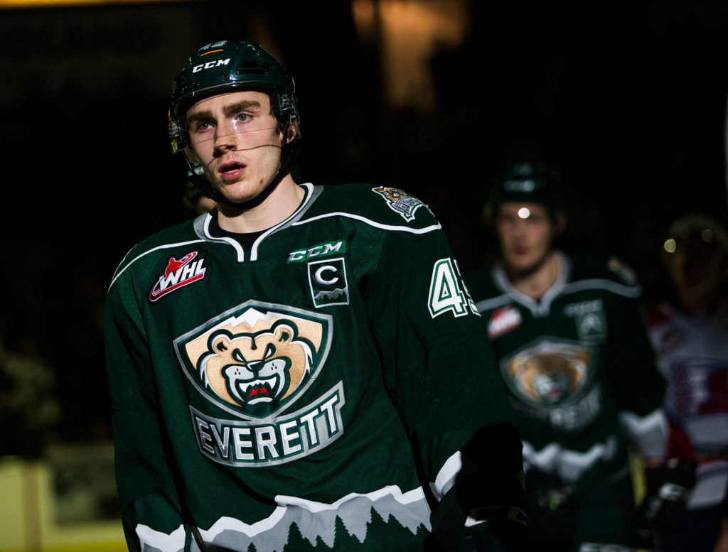 Silvertips’ Connor Dewar skates back to the bench during the game against the Spokane Chiefs on Sunday, Nov. 18, 2018 in Everett, Wa. (Olivia Vanni / The Herald)
