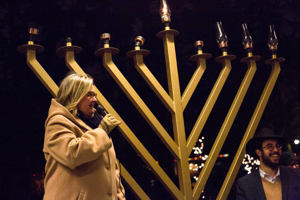 Lynwood Mayor Nicola Smith addresses the crowd at the 2016 celebration for the Festival of Lights during the fifth annual public Menorah Lighting Ceremony at Lynwood City Hall. (Herald file)
