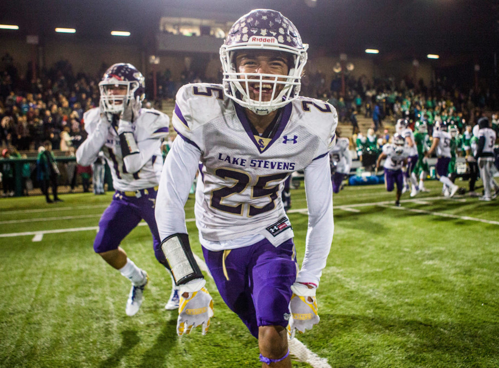 Lake Stevens&rsquo; Kasen Kinchen smiles after winning the Class 4A state state semifinal game against Woodinville at Pop Keeney Stadium on Saturday, Nov. 24, 2018 in Bothell, Wa. (Olivia Vanni / The Herald)
