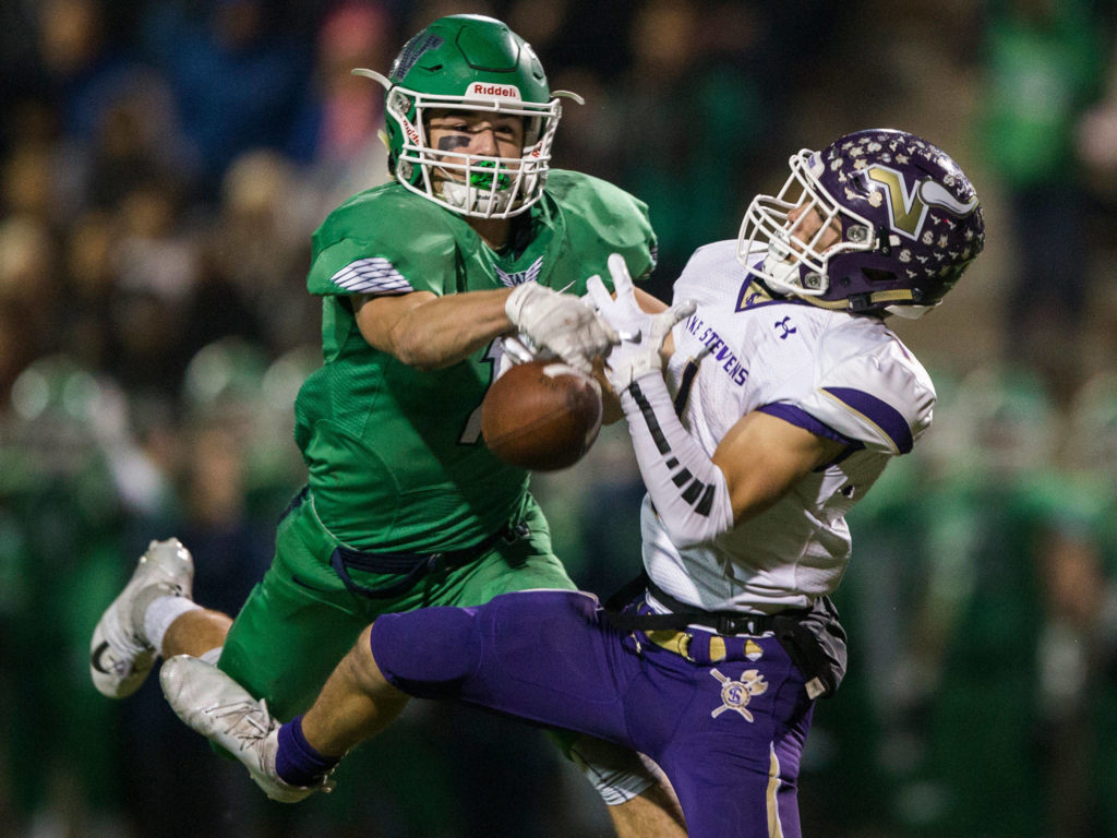 A pass made to Lake Stevens&rsquo; Ian Hanson is blocked during the Class 4A state state semifinal game against Woodinville at Pop Keeney Stadium on Saturday, Nov. 24, 2018 in Bothell, Wa. (Olivia Vanni / The Herald)
