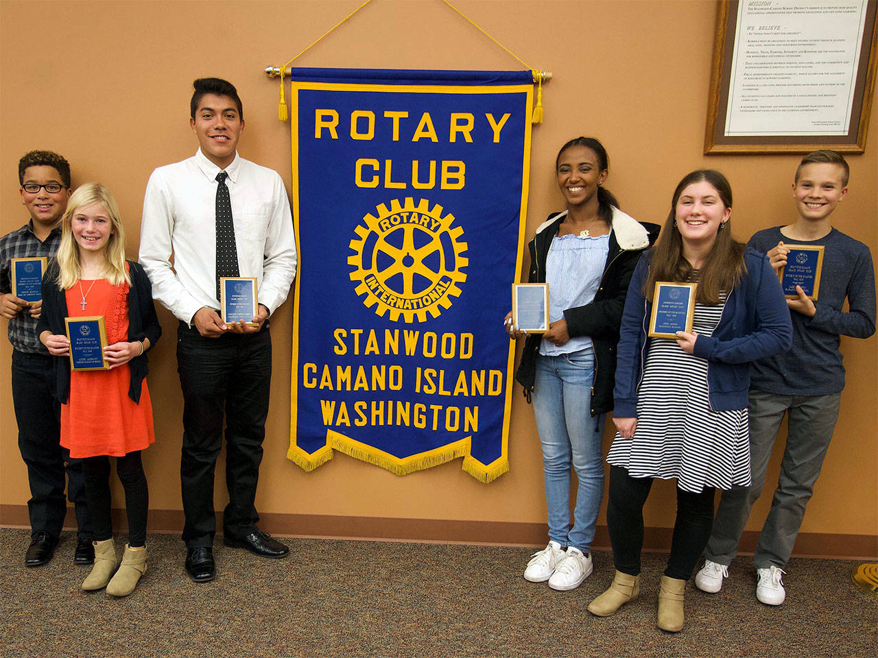 The Rotary Club of Stanwood-Camano Island honored students (from left) Tryoten Mangold, Audrey McDermott, Christian Banuelos-Ornelas, Gadisse Maier, Lydia Colvin and Caden Houston. (Contributed photo)