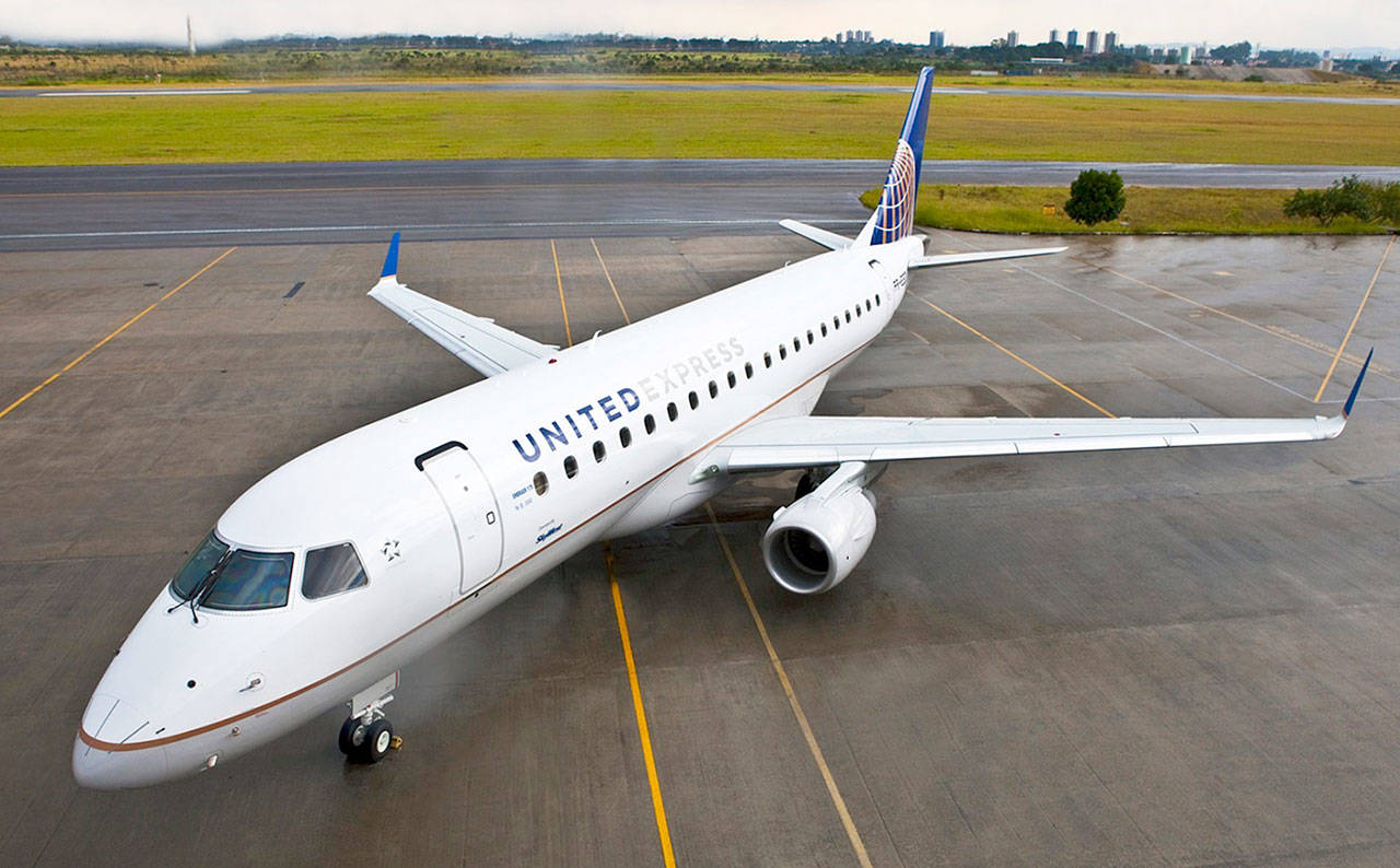 A United Airlines Embraer 175, the type of plane that will serve Paine Field in Everett. (United Airlines)
