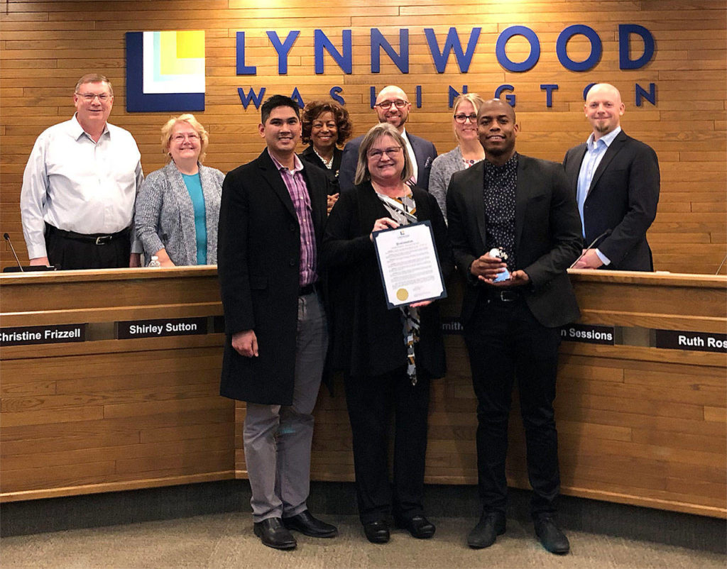 Terence Calhoun (right) with Mayor Nicola Smith and supervisor Will Cena was given Lynnwood’s Employee Excellence Award. (Contributed photo)
