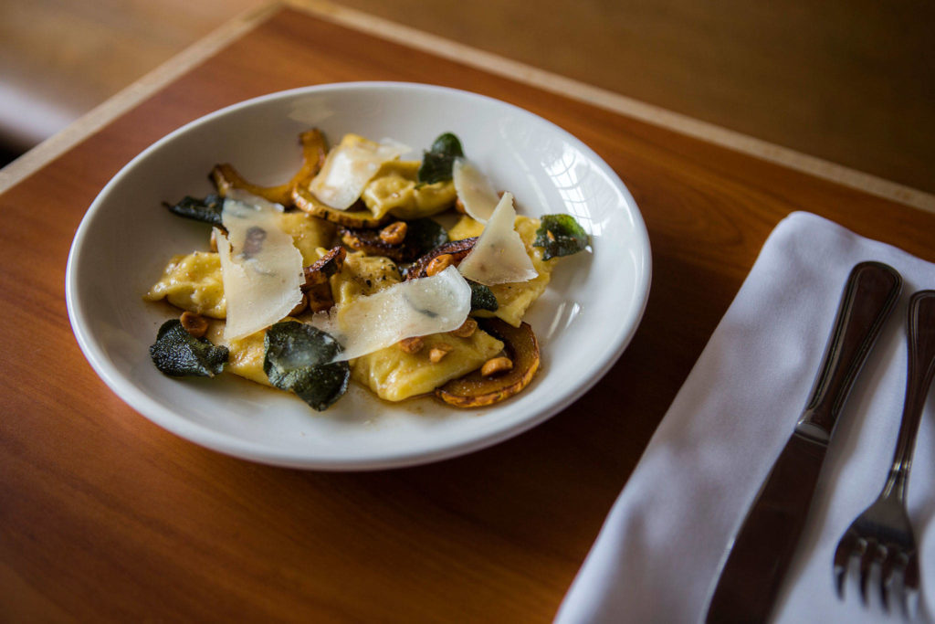 Agnolotti pasta with delicata squash, hazelnuts, and Parmesan and ricotta cheeses. (Olivia Vanni / The Herald)
