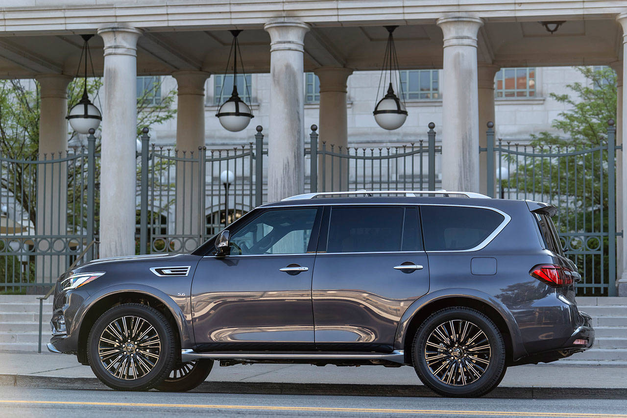 The 2019 Infiniti QX80 Limited fullsize SUV is available in a Limited-exclusive Anthracite Gray exterior color, shown here. (Manufacturer photo)