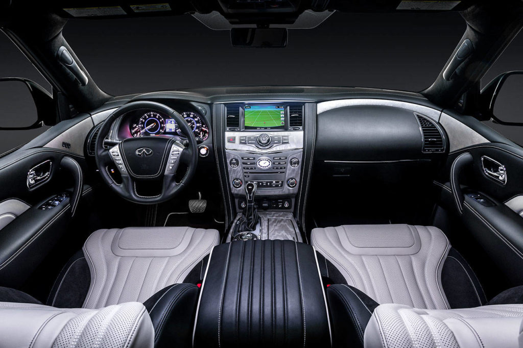 Climate-controlled front seats, a Bose 15-speaker audio system and an 8-inch touchscreen display are among the many standard features inside the 2019 Infiniti QX80 Limited. (Manufacturer photo)
