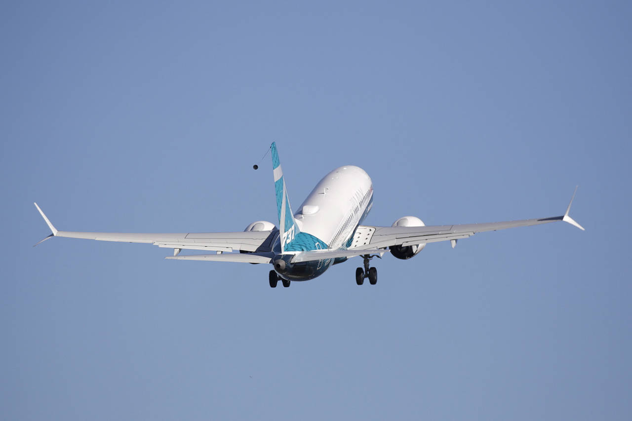 A Boeing 737 MAX 7 takes off on its first flight March 16. (Associated Press file)
