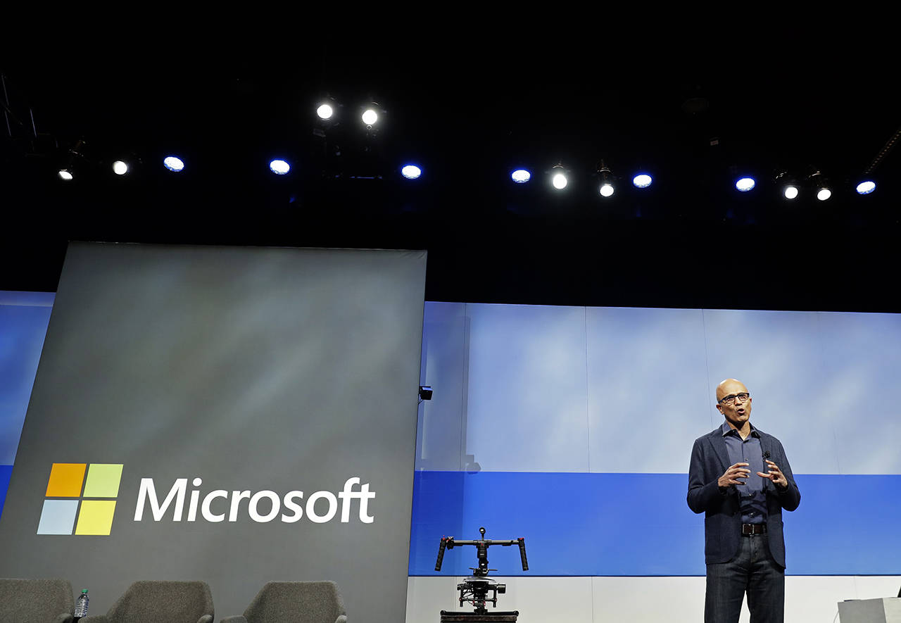 In this Nov. 28 photo, Microsoft CEO Satya Nadella speaks during the annual Microsoft Corp. shareholders meeting in Bellevue. (AP Photo/Ted S. Warren, File)