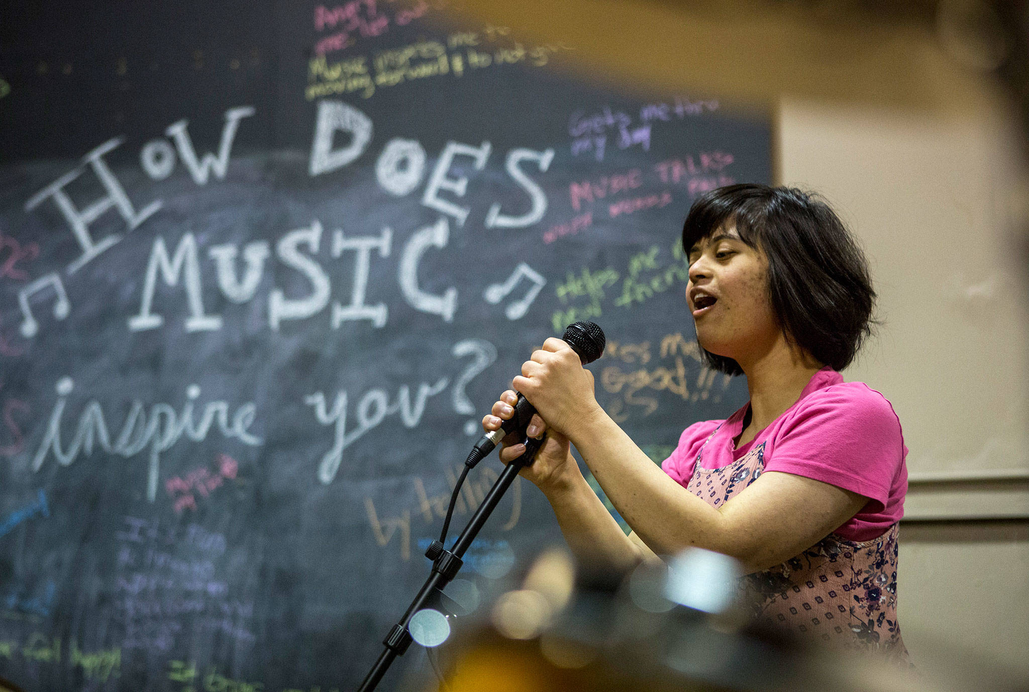 Maya Bristol, 19, sings “Fearless” by Olivia Holt during a Music YoU-ROCK program at the Northwest Music Hall in Everett. (Olivia Vanni / The Herald)