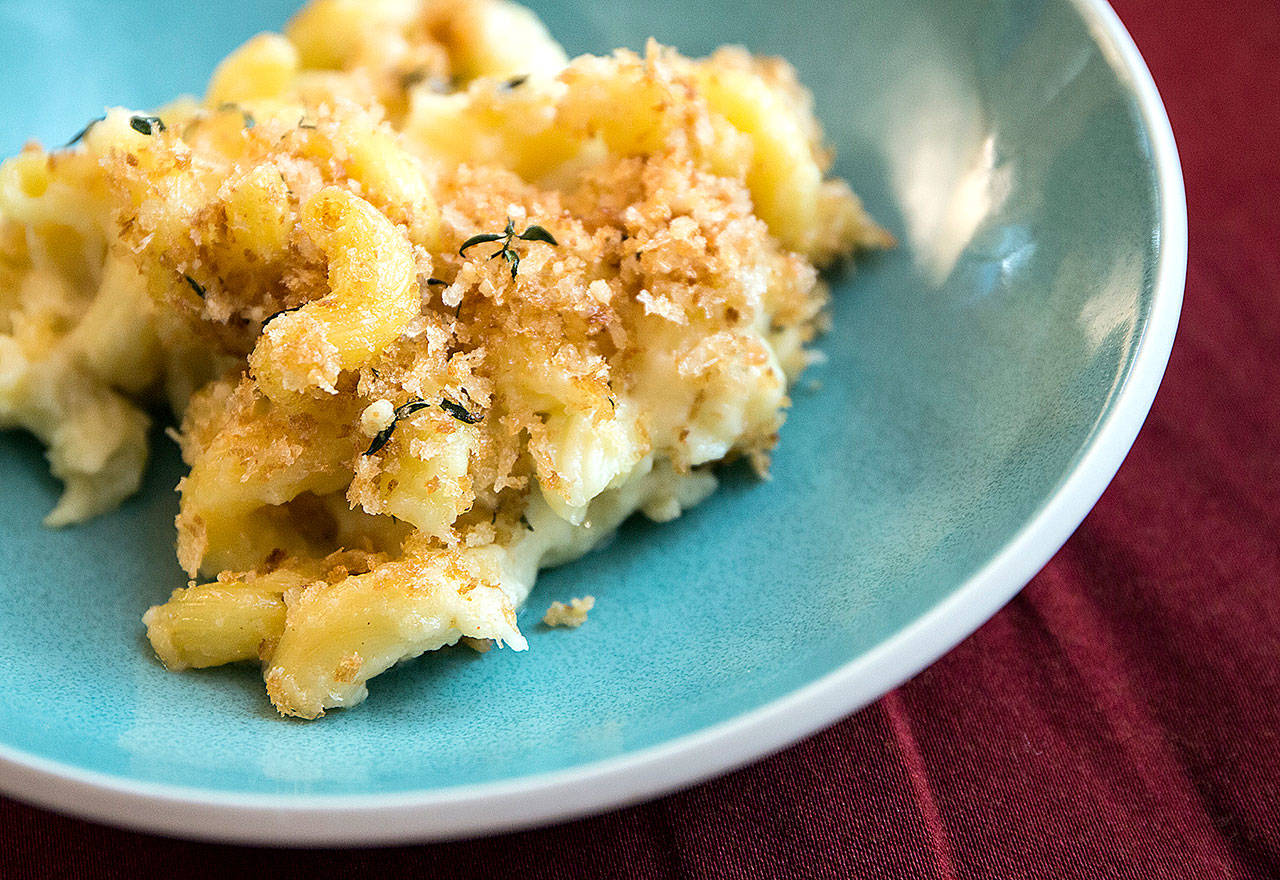 This macaroni and cheese calls for corkscrew pasta, three kinds of cheeses and a bechamel sauce. (Kathleen Galligan/Detroit Free Press)