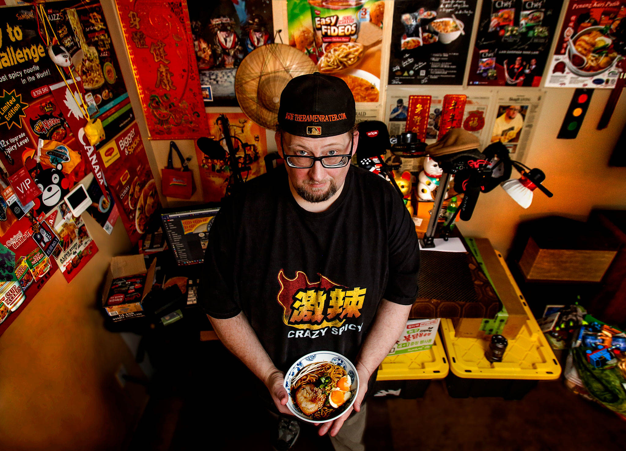 Former Edmonds resident Hans Lienesch, aka the Ramen Rater, has gained fame throughout the Pacific Rim as a connoisseur of prepackaged instant noodles. (Dan Bates / The Herald)