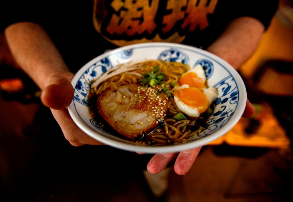 Hans Lienesch knows how to make something delicious from certain prepackaged instant noodles. This one is called Nissin Raoh Umami Shoyu Ramen. (Dan Bates / The Herald)
