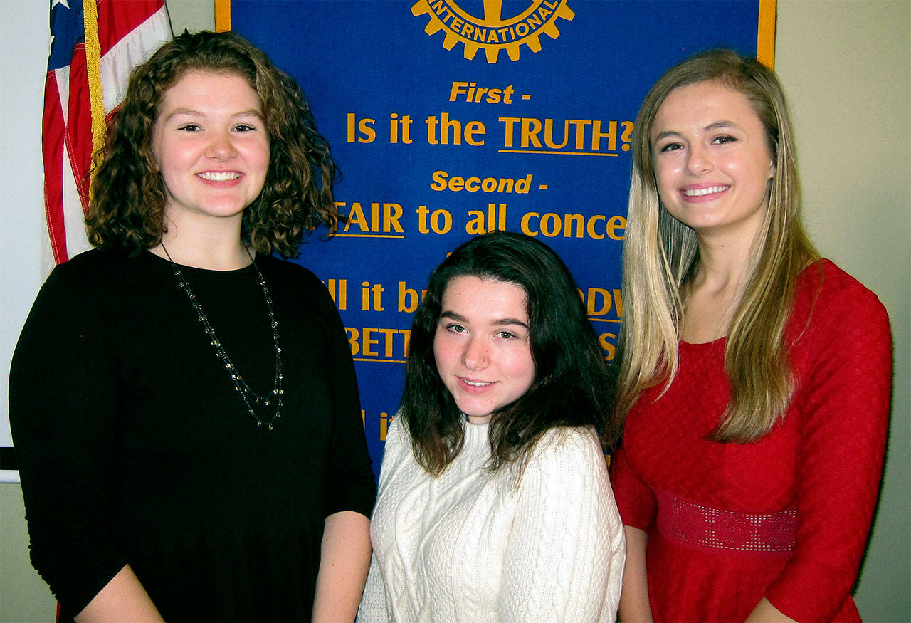 The Rotary Club of Everett on Nov. 13 honored Cascade High School student Maia Taber (from left), Sequoia High School student Meghan Browne, and Everett High School student McKenna Reed as Rotary Students of the Month. (Contributed photo)