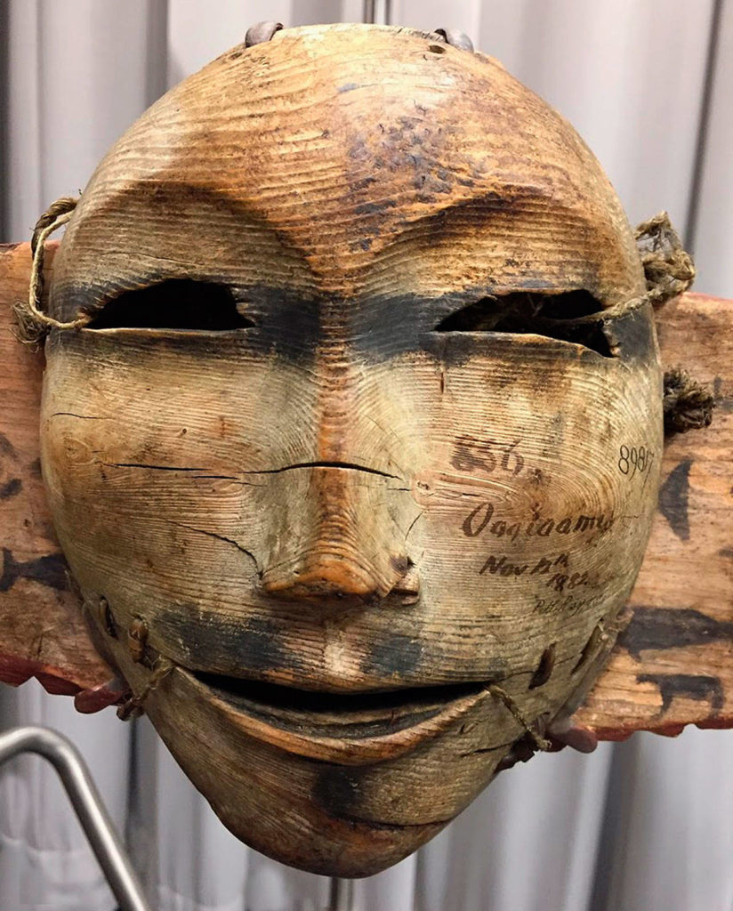 This mask, part of the Smithsonian collection at the Anchorage Museum, is from the northwest Alaskan village of Utqiagvik, formerly Barrow. Everett artist Susan Ringstad Emery said “I saw something of myself in the face of this mask and the long history of our Inupiaq people of the Bering Straits region.” (Photo Susan Ringstad Emery)
