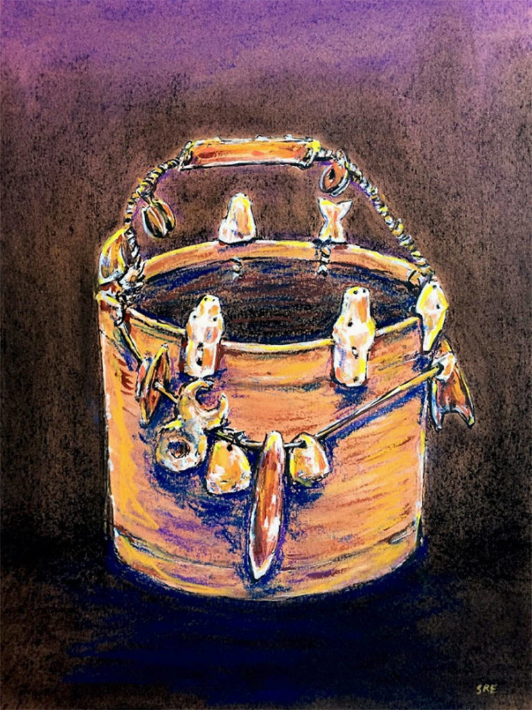 This artwork shows a ceremonial pail that belongs to the Smithsonian Institution, and is on loan to the Anchorage Museum.
