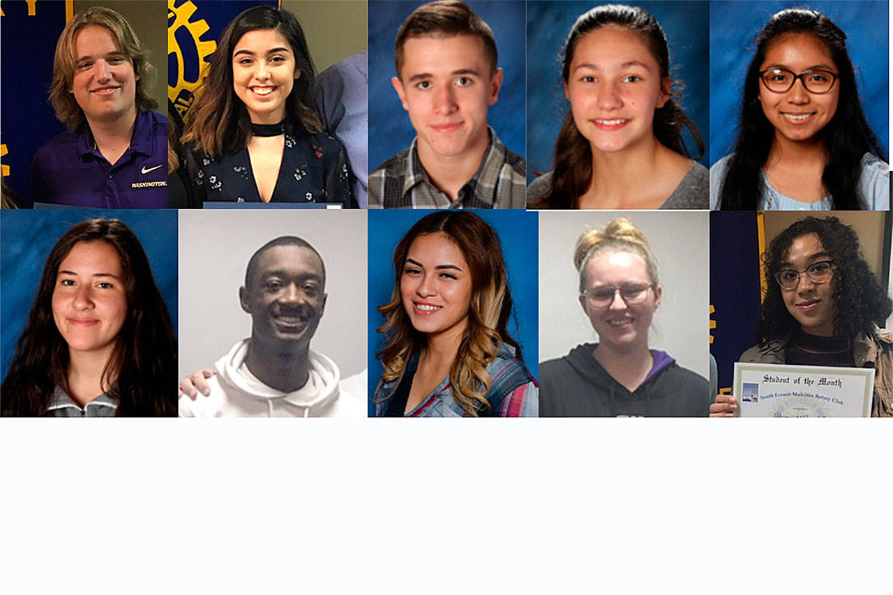 The South Everett-Mukilteo Rotary Club recently named several Students of the Month from local high schools. Top row left to right, Elijah Greisz, Airam Lopez, Barrett Stengele, Diana Cantini and Erendira Ochoa. Bottom row from left, Jade Steigerwald, Devonte Donaldson, Zadi Villanueva, Kayla Clover and Desi Campbell. (Contributed photos)