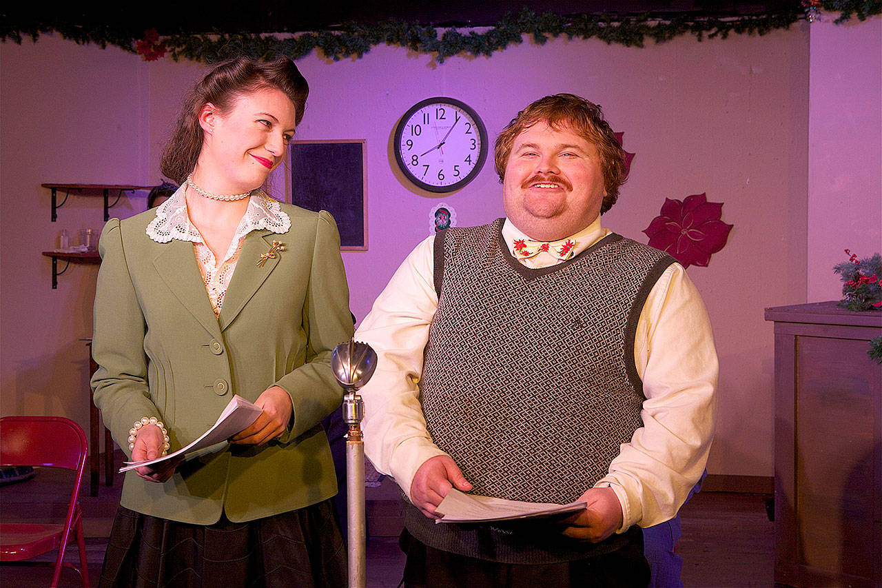 Kylara Pankow (Della/Lauren) and James Lynch (Jim/Freddie) star in Phoenix Theatre’s production of “Twist of the Magi,” showing through Dec. 23 in Edmonds. (Photo by James Sipes)