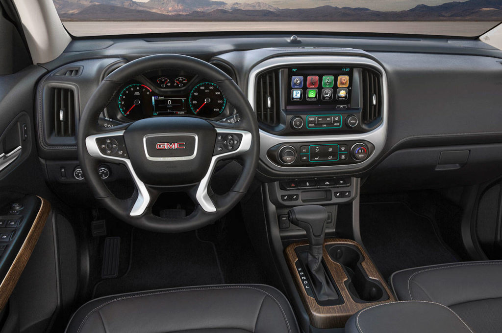 The 2019 GMC Canyon has an upgraded infotainment system with Android Auto and Apple CarPlay capability, a Wi-Fi hotspot and advanced voice recognition. The Denali trim level interior is shown here. (Manufacturer photo)
