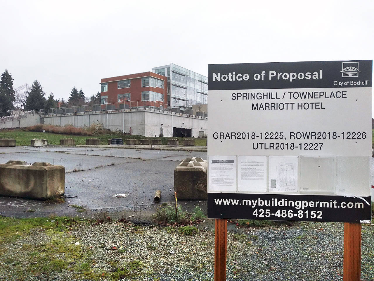The city of Bothell has repurchased four parcels of land adjacent to city hall from 360 Hotel Group after they failed to begin construction on two hotels in June. (Aaron Kunkler /Bothell-Kenmore Reporter)