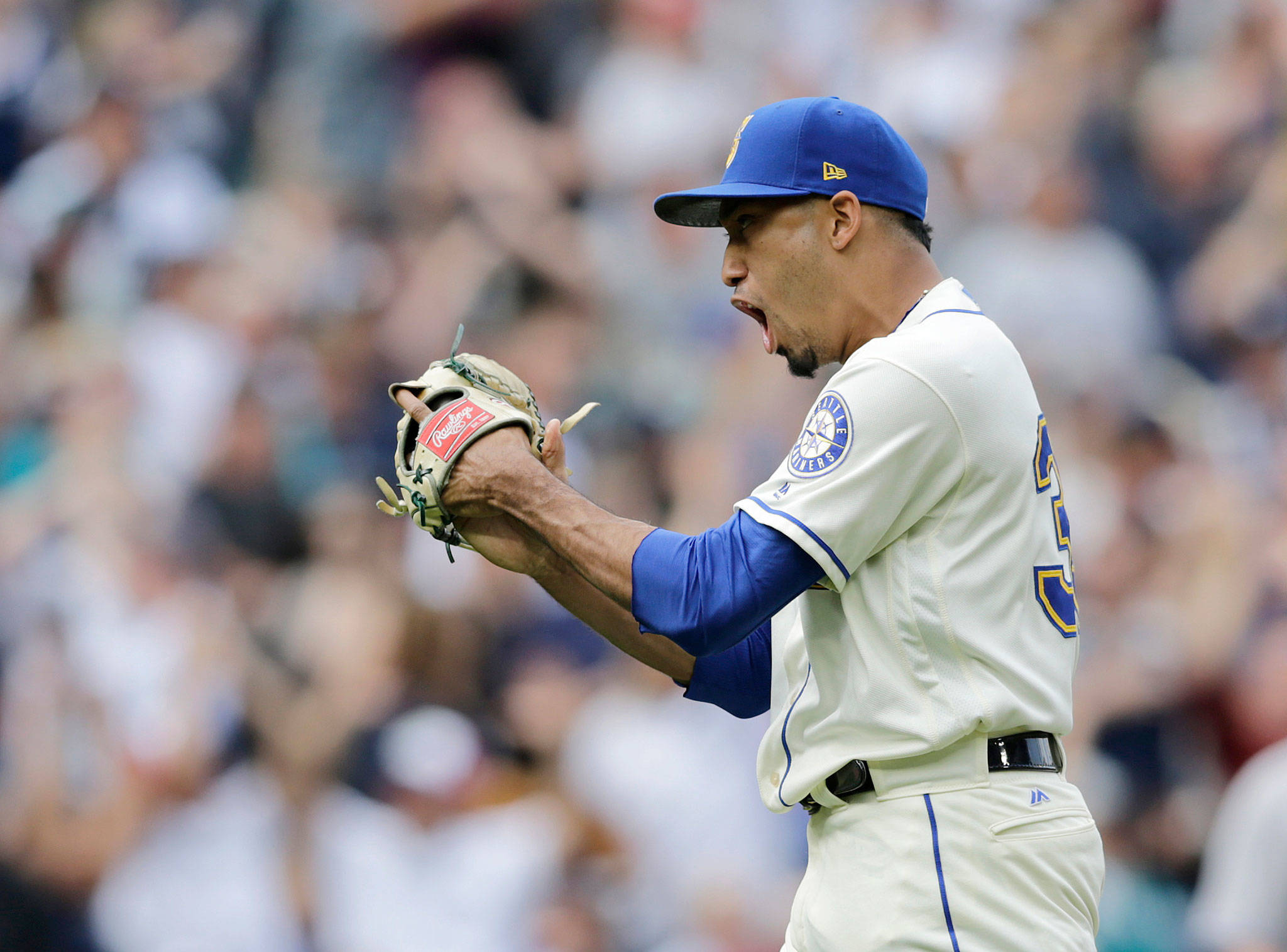 Seattle’s Edwin Diaz celebrates after recording the final out of a Sept. 9 game against the New York Yankees in Seattle. (AP Photo/John Froschauer)
