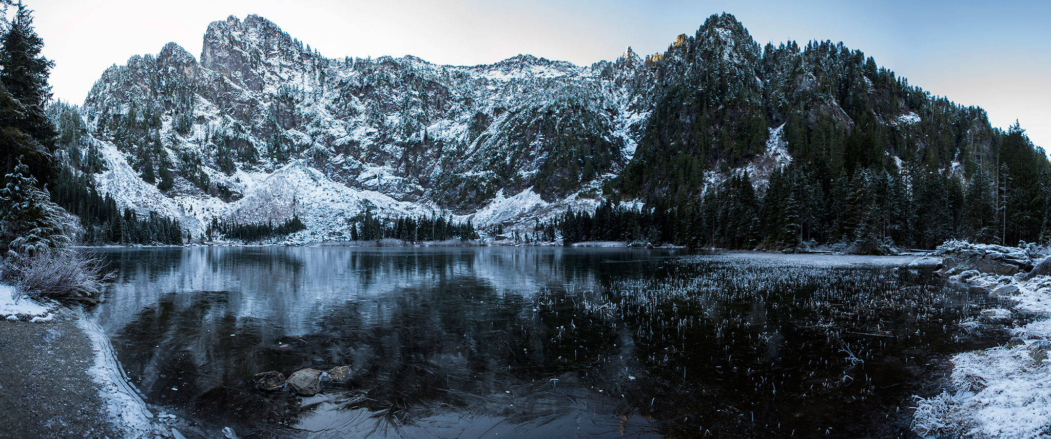 A panoramic view of Heather Lake on Wednesday, Dec. 5, 2018 in Granite Falls, Wa. (Olivia Vanni / The Herald)