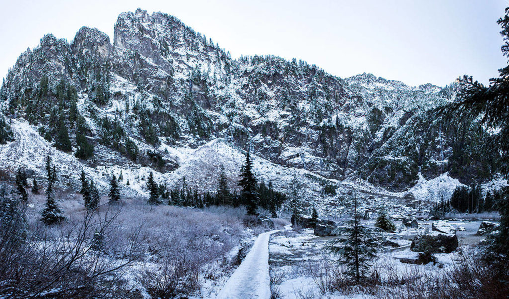 An elevated walking path that runs along Heather Lake is covered with snow on Wednesday, Dec. 5, 2018 in Granite Falls, Wa. (Olivia Vanni / The Herald)
