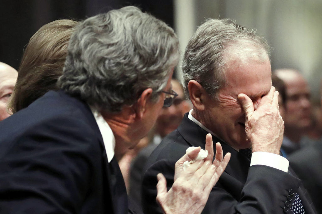 Former President George W. Bush cries after speaking during the State Funeral for his father, former President George H.W. Bush, at the National Cathedral on Wednesday in Washington. (AP Photo/Alex Brandon, Pool)
