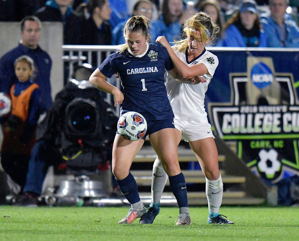 North Carolina’s Madison Schultz, an Edmonds-Woodway alum, shileds a defender from the ball during a playoff game against Georgetown on Nov. 30, 2018, in Chapel Hill, NC. (University of North Carolina photo)
