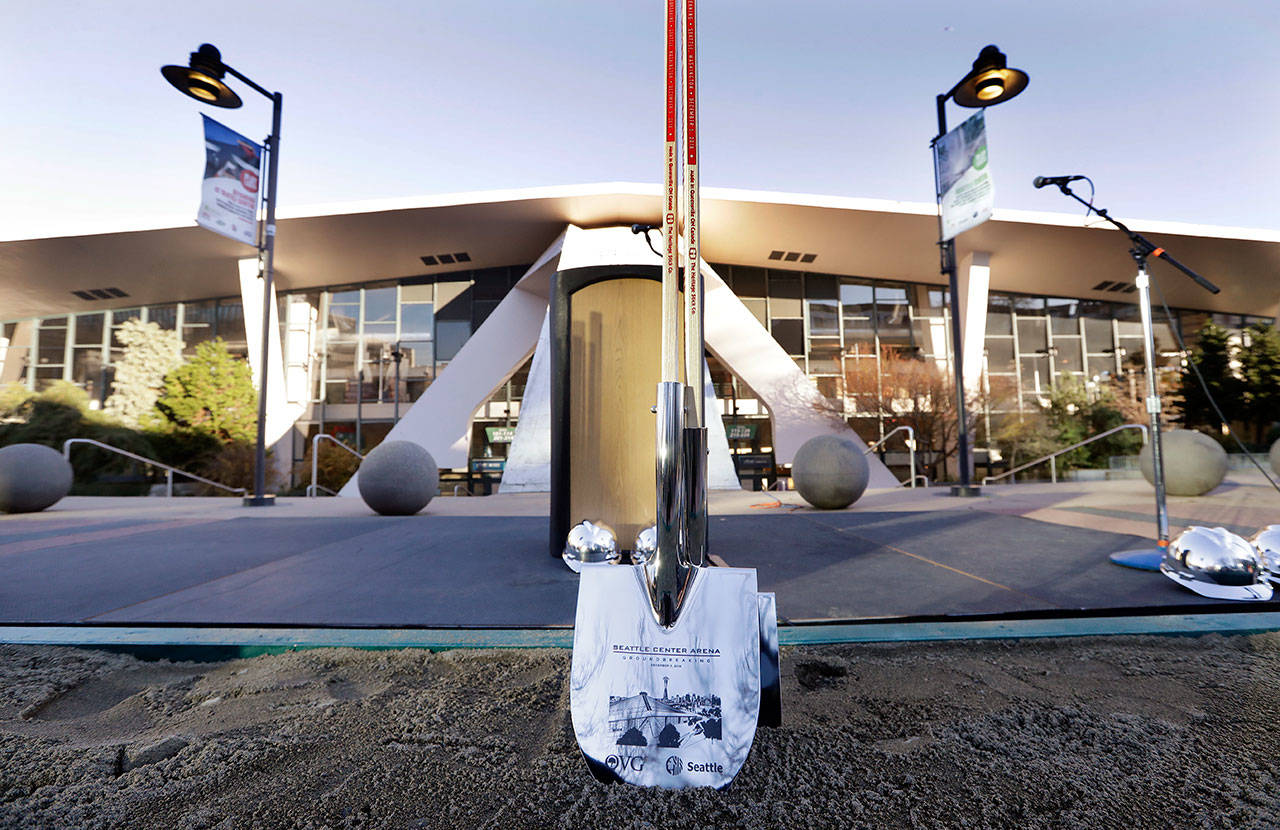 An engraved shovel stands at the ready before a ceremonial ground-breaking of a renovation of the arena at Seattle Center on Dec. 5, 2018, in Seattle. (AP Photo/Elaine Thompson)
